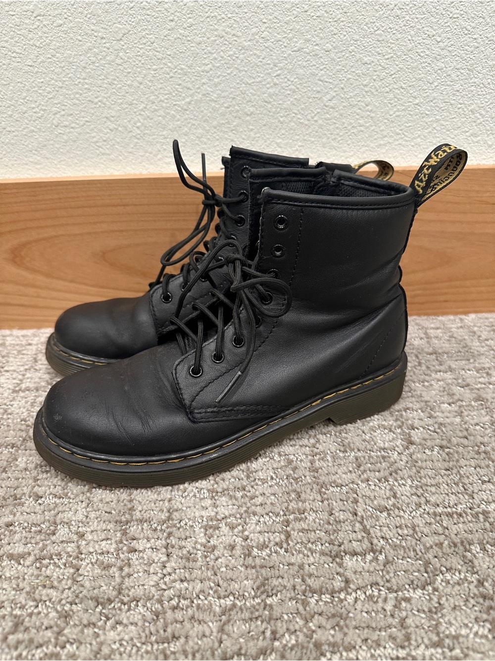 Dr. Martens Black Leather Lace-Up Combat Boots with Yellow Stitching